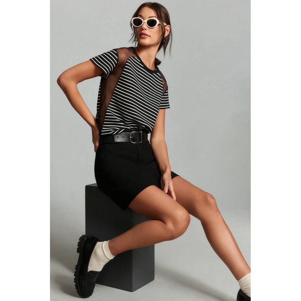 NWT Maeve Anthropologie Tulle-Inlay Tee Sz XS Black White Striped